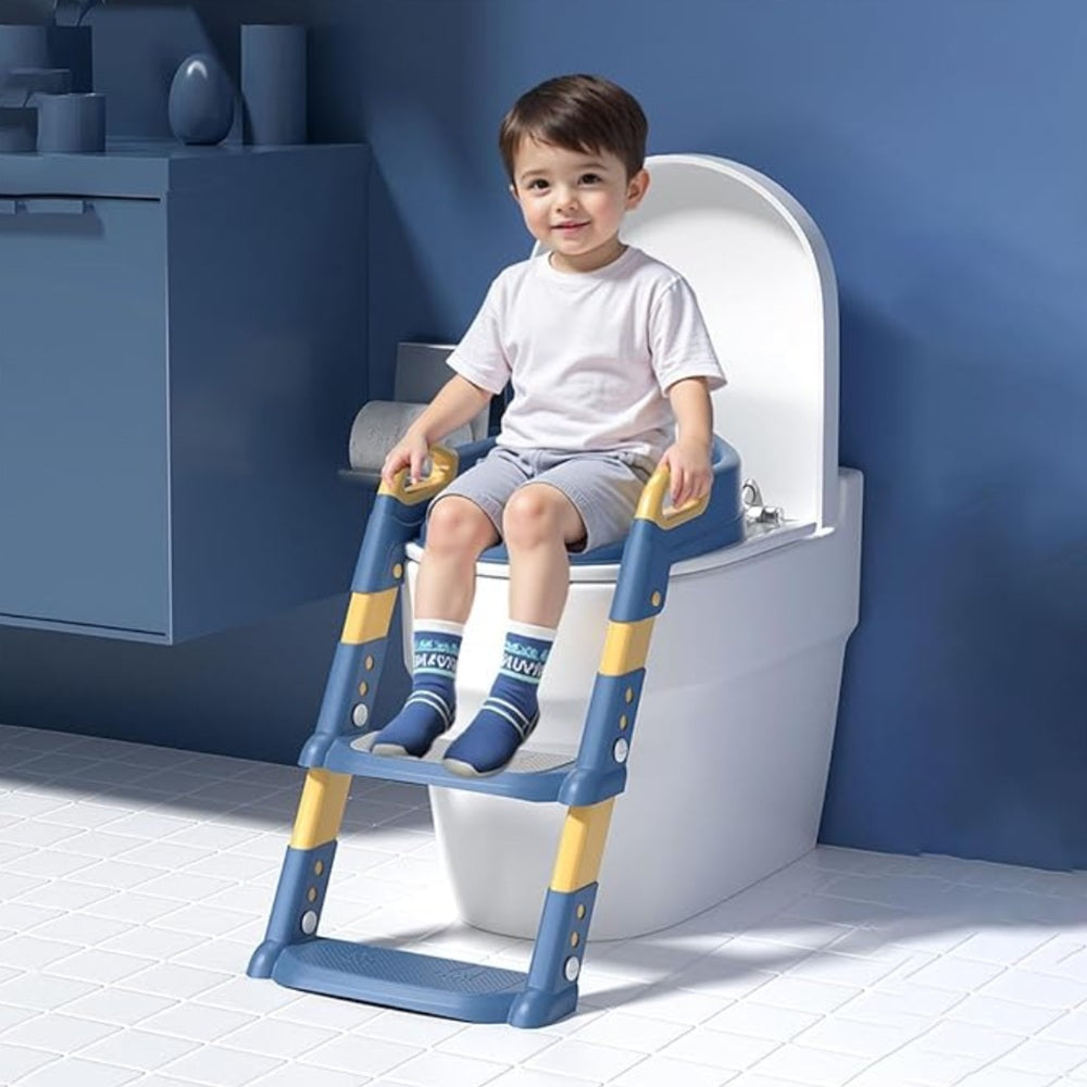 Adjustable Potty Training Toilet Seat for Toddlers with Steps, Non-Slip Handle, and Soft Cushion. Foldable Travel Toilet Seat