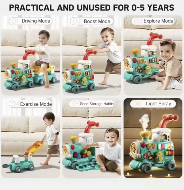 5 in 1 Educational Baby Stream Train Walker and Ride on Cart Activity Center Multifunctional Toy to Support Your Baby's First Steps and Develop Skills.(Blue)