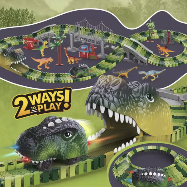 Dinosaur Race Track 183pcs Dino World Road Track – Fun & Interactive Toy for Boys & Toddlers – Christmas & Birthday Gift Flexible Track Playset and 2 Cool Dinosaurs Car for 3 4 5 6 7 8 Year Old Boys Girls