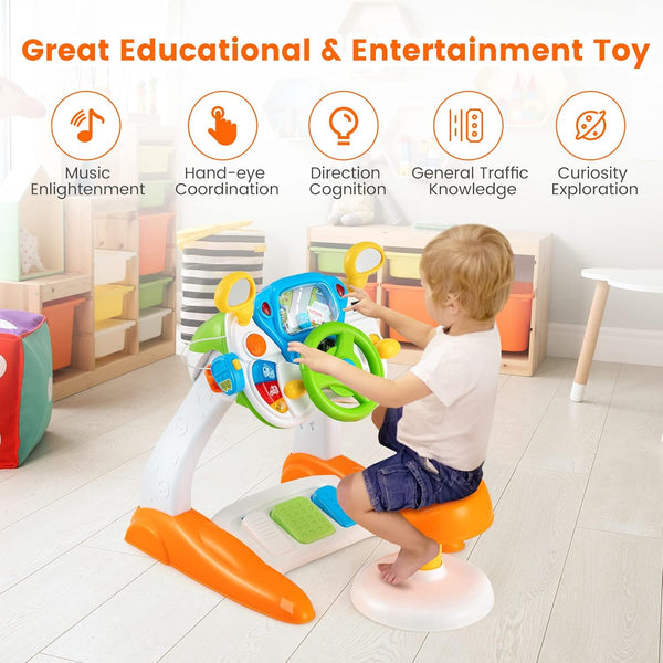 Driving Simulator Toy, Steering Wheel Toys with Stool, Cyclic Rotary Scene, Light, Music & Siren Sounds, Kids Educational Toy for 3 Years Old + Boys Girls