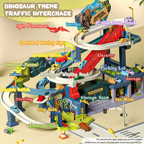 Depot Dinosaur Race Tracks Play Vehicles Toys Set Train Tracks with 4 Dinosaurs Car and 4 Race Cars Race Tracks Toy for Kids Ages 3+