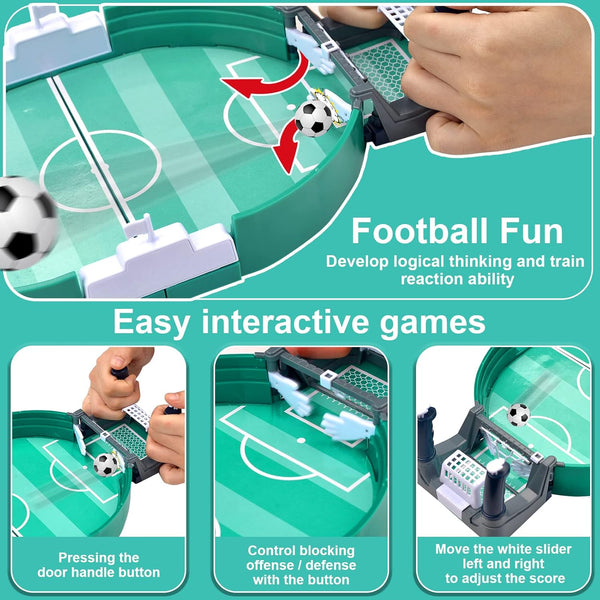 Tabletop football game with interactive features and text highlighting its educational benefits.