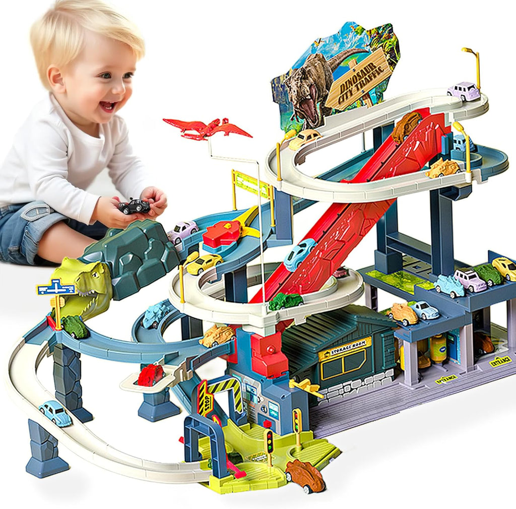 Depot Dinosaur Race Tracks Play Vehicles Toys Set Train Tracks with 4 Dinosaurs Car and 4 Race Cars Race Tracks Toy for Kids Ages 3+