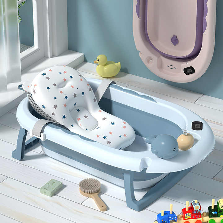 Baby Bath Tube - Blue Colour with seat cushion, shampoo cup, wall mountable, foldable design