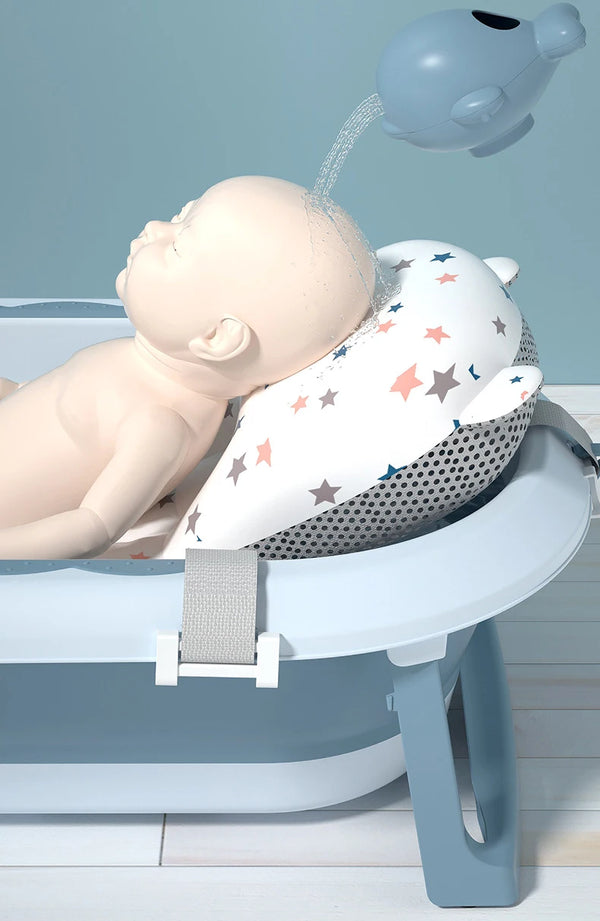 Baby Bath Tube - Blue Colour with seat cushion, shampoo cup, wall mountable, foldable design