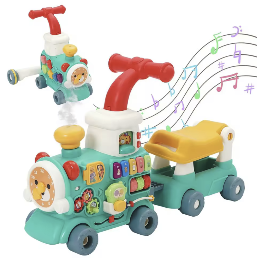 5 in 1 Educational Baby Stream Train Walker and Ride on Cart Activity Center Multifunctional Toy to Support Your Baby's First Steps and Develop Skills.(Blue)