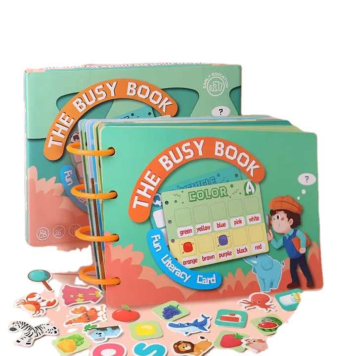 Children's educational book with colorful illustrations and a spiral binding, featuring 'The Busy Book' title.