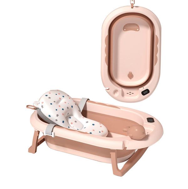 Baby Bath Tube - Pink with seat cushion, shampoo cup, wall mountable, foldable design